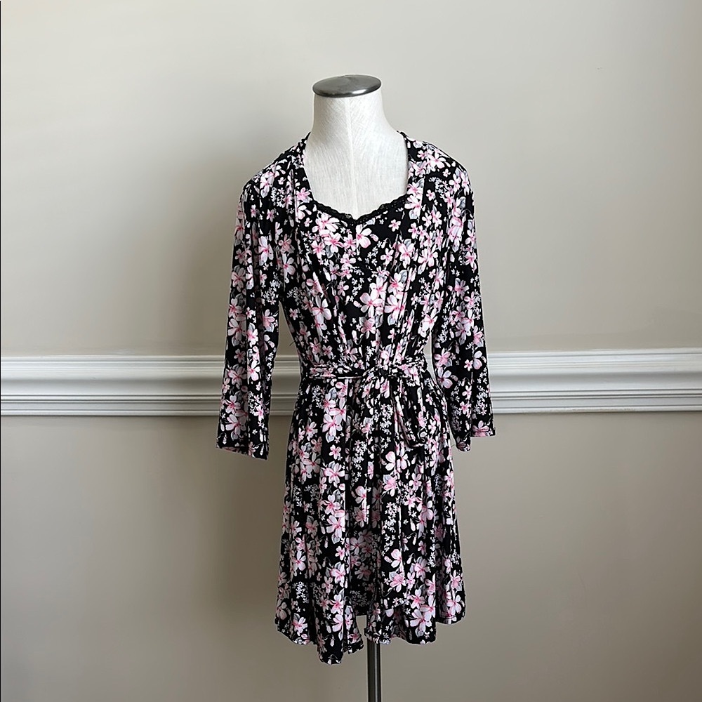 Rene Rofe Floral Cherry Blossom Spaghetti Strap Robe & Camisole Slip Set